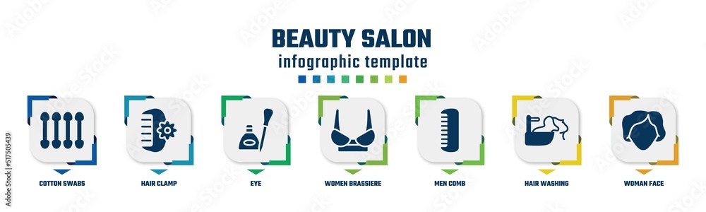 beauty salon concept infographic design template. included cotton swabs, hair clamp, eye, women brassiere, men comb, hair washing, woman face icons and 7 option or steps. beauty salon concept infographic design template. included cotton swabs, hair clamp, eye, women brassiere, men comb, hair washing, woman face icons and 7 option or steps.
