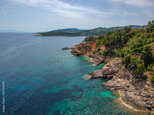 Aerial view over Chrisi Milia beach and the rocky surrounded area in Alonissos island, Greece