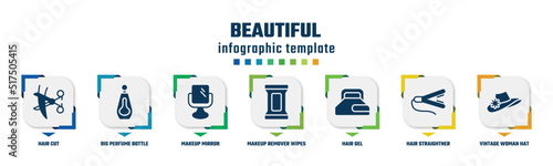 beautiful concept infographic design template. included hair cut, big perfume bottle, makeup mirror, makeup remover wipes, hair gel, hair straightner, vintage woman hat icons and 7 option or steps.