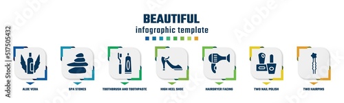 beautiful concept infographic design template. included aloe vera, spa stones, toothbrush and toothpaste, high heel shoe, hairdryer facing left, two nail polish, two hairpins icons and 7 option or