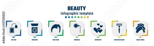 beauty concept infographic design template. included tea bag, bronzer, man hair, monocle, romantic, shaving razor, head towel icons and 7 option or steps.