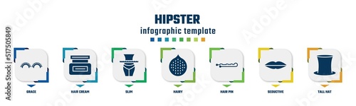 hipster concept infographic design template. included grace, hair cream, slim, hairy, hair pin, seductive, tall hat icons and 7 option or steps.