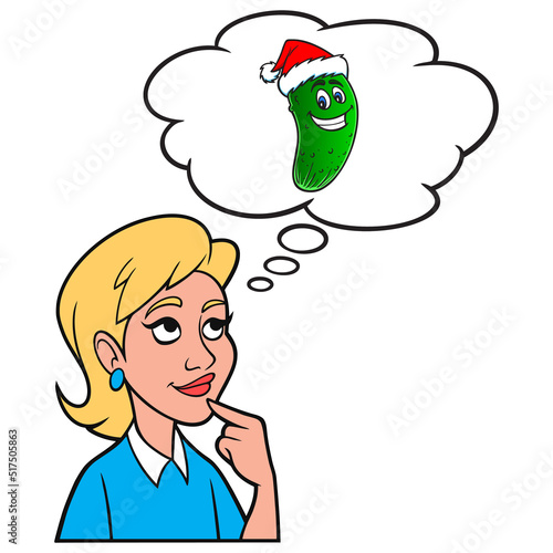Girl thinking about a Christmas Pickle - A cartoon illustration of a Girl thinking about a Christmas Pickle.