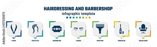 hairdressing and barbershop concept infographic design template. included pluck, hair style, razorblade, lashes, afro pick, concealer, salon chair icons and 7 option or steps.