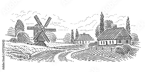 Rural countryside scene with old windmill and traditional houses engraving style line illustration. Vector.