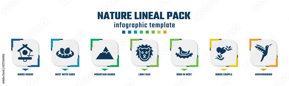nature lineal pack concept infographic design template. included birds house, nest with eggs, mountain range, lion face, bird in nest, birds couple, hummingbird icons and 7 option or steps.