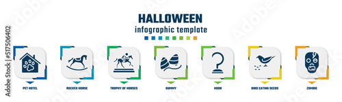 halloween concept infographic design template. included pet hotel, rocker horse, trophy of horses races, gummy, hook, bird eating seeds, zombie icons and 7 option or steps.