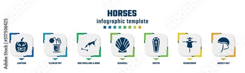 horses concept infographic design template. included lantern, flower pot, dog smelling a bone, seashell, coffin, scarecrow, jockey hat icons and 7 option or steps.