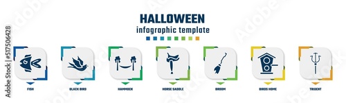 halloween concept infographic design template. included fish, black bird, hammock, horse saddle, broom, birds home, trident icons and 7 option or steps.