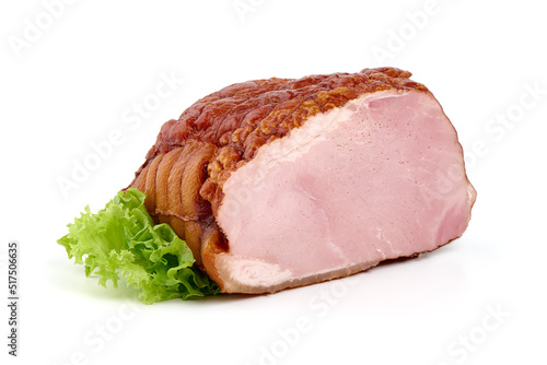 Smoked ham meat, isolated on white background.