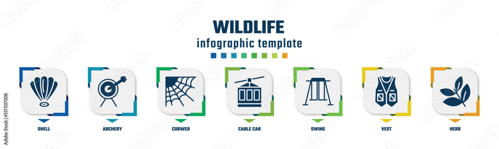 wildlife concept infographic design template. included shell, archery, cobweb, cable car, swing, vest, herb icons and 7 option or steps.