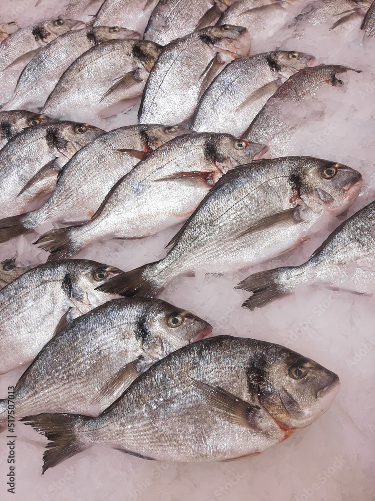 chilled fish lies on ice on the store counter