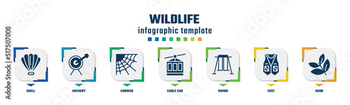wildlife concept infographic design template. included shell, archery, cobweb, cable car, swing, vest, herb icons and 7 option or steps.