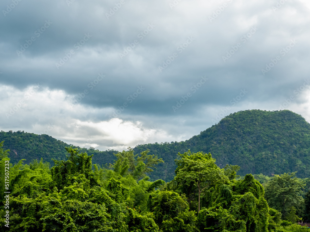 Beautiful landscape of green forest and mountain view and tropical rain-forest with clouds after raining in the morning. Green nature earth and ecology.
