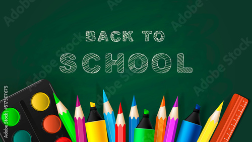 Back to school - blackboard with school supplies and chalk lettering. Vector