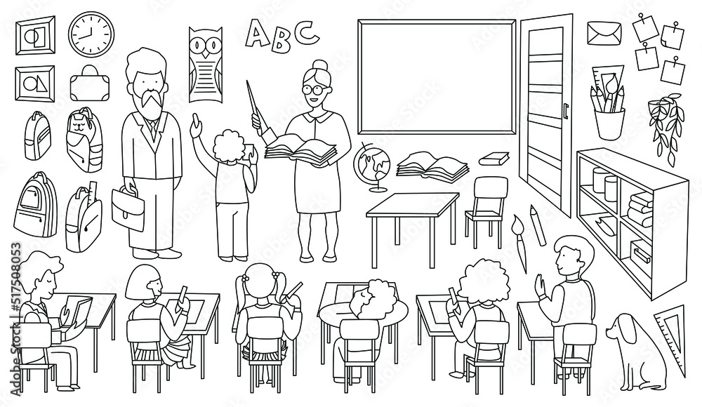 Back to school. Teacher, children, class, board, school desk, pen, student, book. Linear set of objects and people in a school classroom. Sketch vector illustration. Funny cartoon character.
