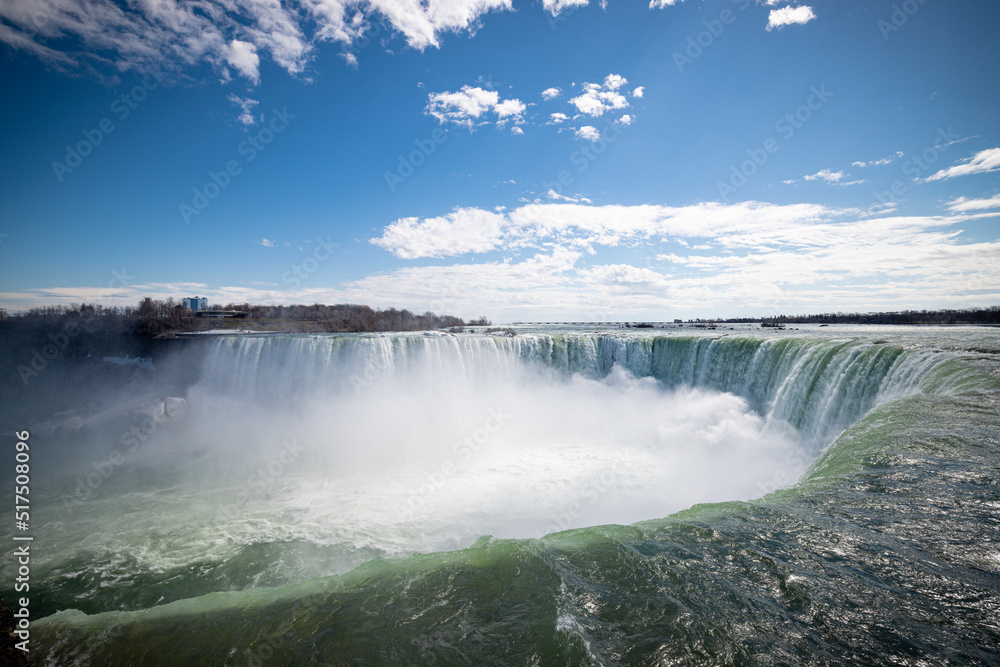 Horseshoe Falls at Niagara Falls Canada are pouring water through frozen landscape at winter Horseshoe Falls at Niagara Falls Canada are pouring water through frozen landscape at winter