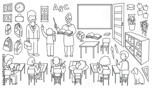 Back to school. Teacher, children, class, board, school desk, pen, student, book. Linear set of objects and people in a school classroom. Sketch vector illustration. Funny cartoon character.