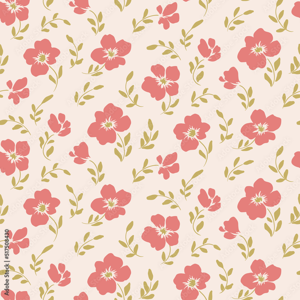 Seamless floral pattern with decorative hand drawn plants in rustic style. Cute ditsy print, gentle botanical background with small pink flowers, leaves on a light field. Vector illustration.