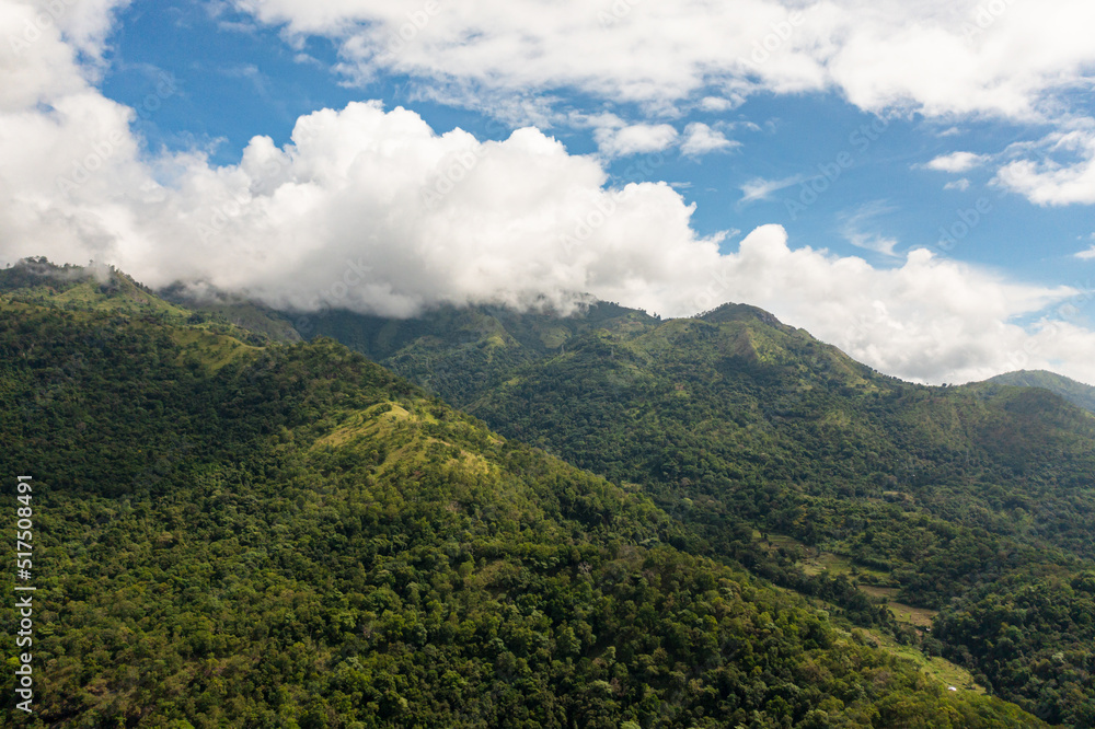 Aerial view of Tropical mountain range and mountain slopes with rainforest. Sri Lanka.