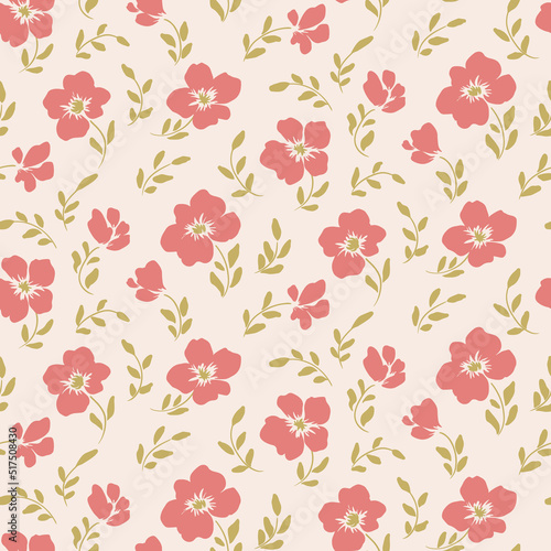 Wallpaper Mural Seamless floral pattern with decorative hand drawn plants in rustic style. Cute ditsy print, gentle botanical background with small pink flowers, leaves on a light field. Vector illustration. Torontodigital.ca