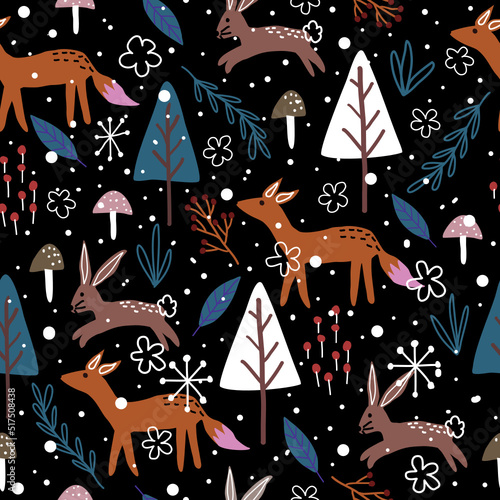 Fototapeta Naklejka Na Ścianę i Meble -  Seamless Christmas patterns with Christmas trees, foxes, rabbits, mushrooms, snowflakes,abstract flowers,blades of grass, berries and snow.