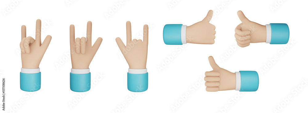Hand gesture i love you cartoon 3D style on white background. 3D rendering. Hand 3D Illustration.