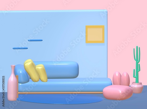 3d rendering of the minimal living room. Pink and blue are the main concept color.