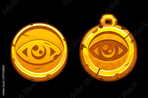 Golden Coin and amulet with the All-Seeing Eye. Egyptian all-seeing eye, Masonic symbol of Freemasonry