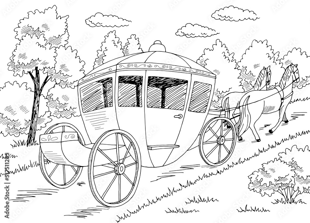 Carriage is moving along the road graphic black white landscape sketch illustration vector