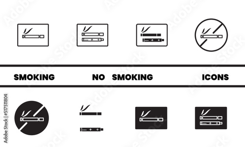Best and simple no smoking and smoking signs solid  icons for different goals. Electric cigarette. Wayfining signage
