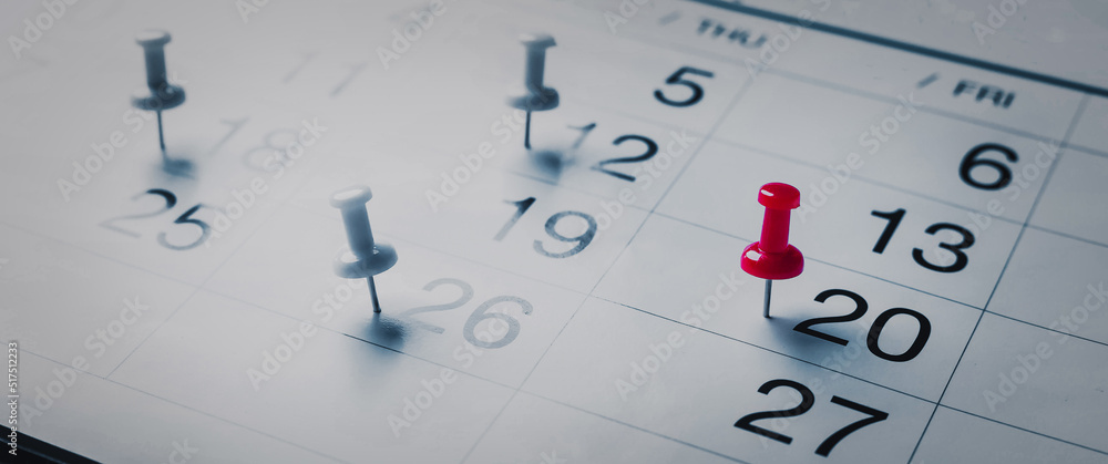 Embroidered red pins on a calendar event Planner calendar,clock to set timetable organize schedule,planning for business meeting or travel planning concept. Embroidered red pins on a calendar event Planner calendar,clock to set timetable organize schedule,planning for business meeting or travel planning concept.
