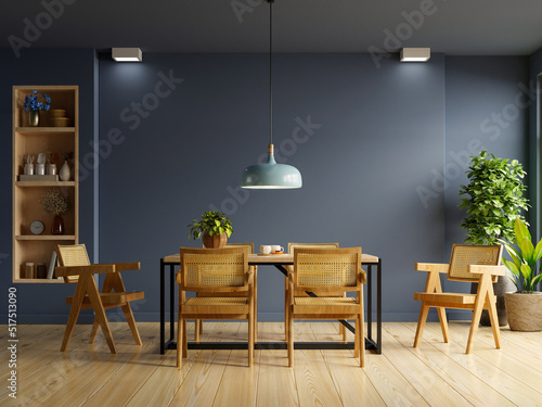 Fotografiet Modern style dining interior design with dark blue wall.