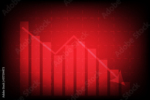 Economic critical crisis concept. The red graph drops down and charts on a red background. Recession financial, cryptocurrency, gold, and the stock market. Losing money and cash.
