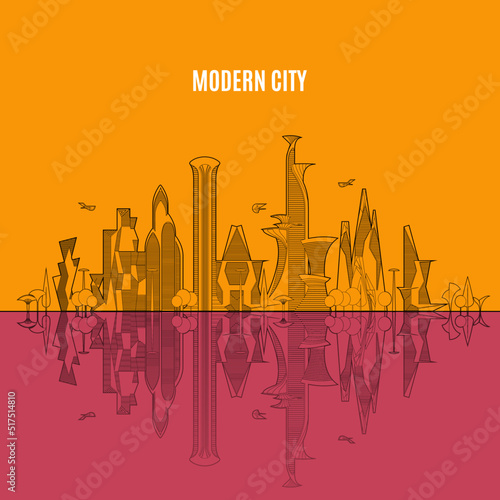 Skyscrapers. Fantasy environment concept. Modern fantastic city. Sci-Fi Design buildings Set for your creative ideas. Flat design style. Vector. Line Art Illustration.