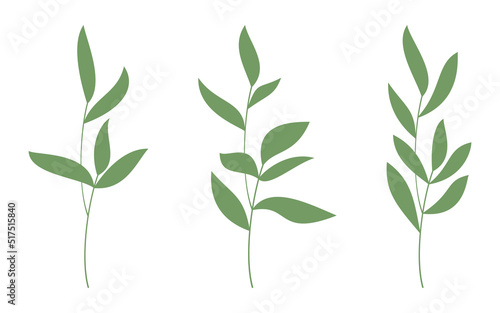 Set of vector hand drawn branches. Flat green leaves icon isolated. Floral design for print, background, banner, card. Ecology symbol, environment concept, eco sign, hipster logo.