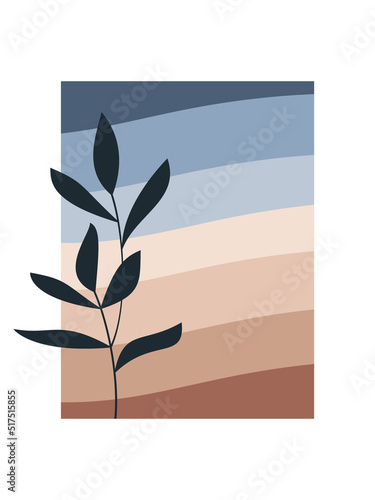 Vector modern abstract floral poster. Hand drawn branch in gradient color frame. Wallpaper, print, wall art, background, home decor, card, invitation, banner, cover or package design.