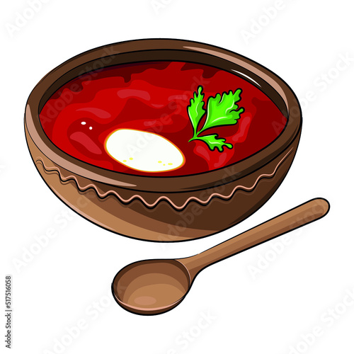 Dish of national Ukrainian cuisine, borscht in a clay plate, wooden spoon, flat vector, isolated on white