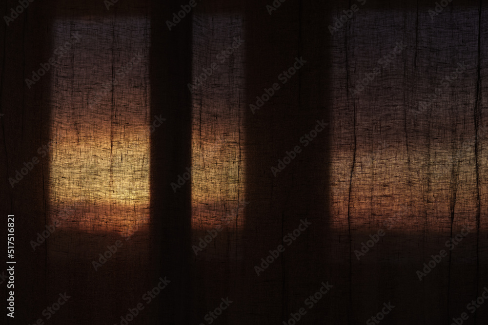 Window curtains in sunset light dark interior - obrazy, fototapety, plakaty 