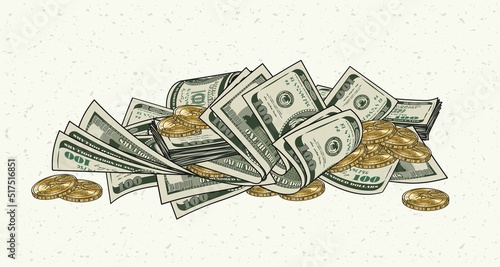Heap of folded 100 dollar banknotes, bills, gold one dollar coins. Pile of cash money. Color isolated vector illustration in vintage style.