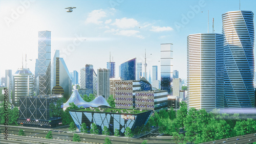 Futuristic City Concept. Wide Shot of an Digitally Generated Modern Urban Megapolis with Rendered Skyscrapers  Cozy Park  Flying Vehicles. Daytime Cityscape Scenery of Financial District.