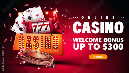 Online casino, red banner with button, slot machine, Casino Roulette, poker chips and playing cards