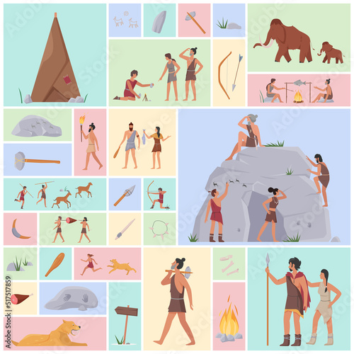 Ancient prehistoric people, animals and tools set vector illustration. Cartoon hunting homo sapiens, man and woman in tribal clothes, primitive neanderthal tribe in geometric collage background