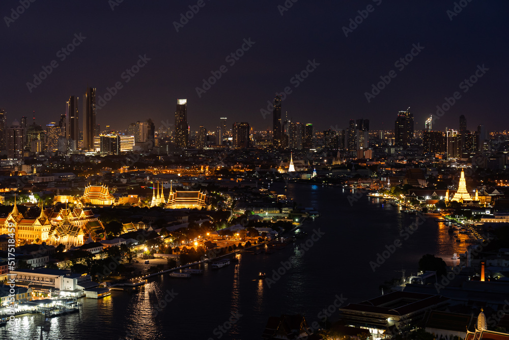 Cityscape of Bangkok at Twilight with View of Grand Palace and Chao Phraya River From Above