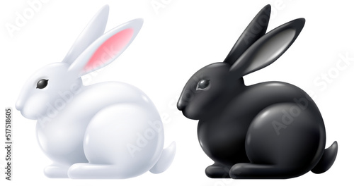 White and black hare porcelain or ceramic glossy figurine set. Rabbit symbol of 2023 Chinese New Year. Vector 3d illustration