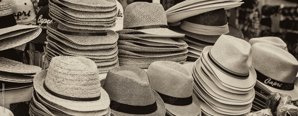 Straw hats in a shop of Capri, Italy