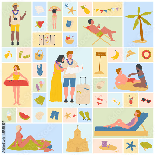 Summer beach party with tourists people set vector illustration. Cartoon man and woman holding map with sight, inflatable ring and cocktail, building sand castle in geometric collage background