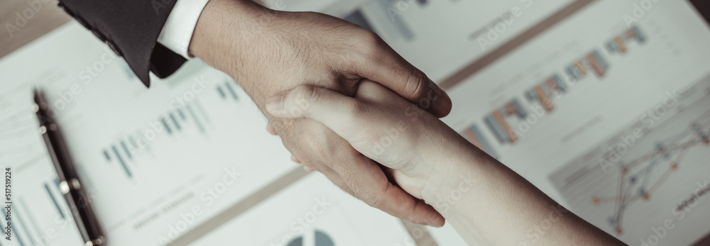 Naklejka premium Business personage handshake, Asian business women congratulate on being a corporate partnership with European male investors, Friendship, Sign language greetings, Successful business negotiations.