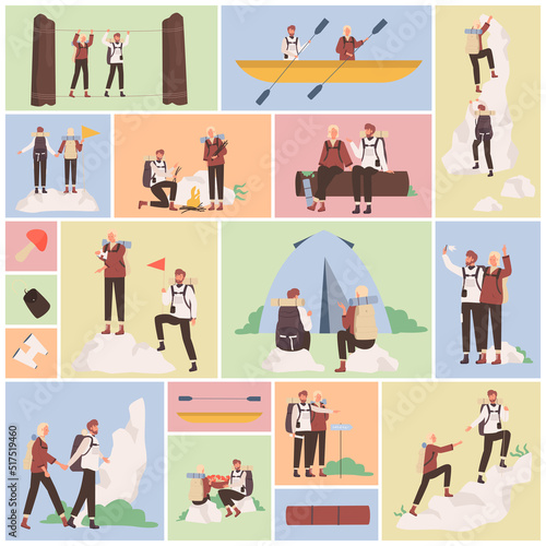 Adventures of lost tourists sets vector illustration. Cartoon hiker characters trekking, man and woman travelers climbing mountains, standing with flag on peak in geometric collage background