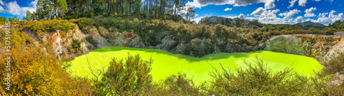 Waiotapu Thermal Track, beautiful colors under a blue sky, panoramic view photo